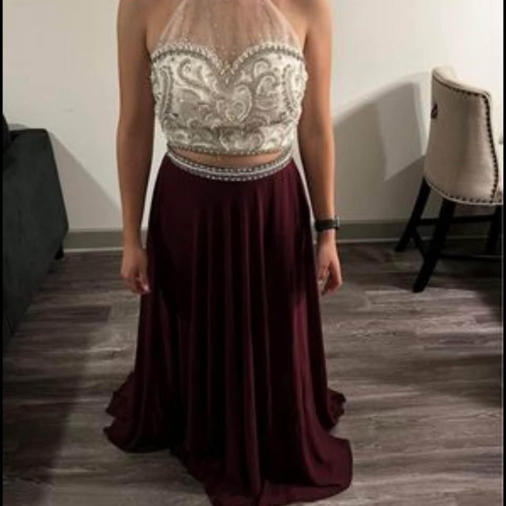 Dave & Johnny Burgundy and Cream Halter Gown